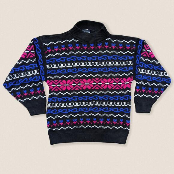 Vintage 80s floral fair isle funky ski grandma Sweater mockneck Medium Women - Picture 1 of 4